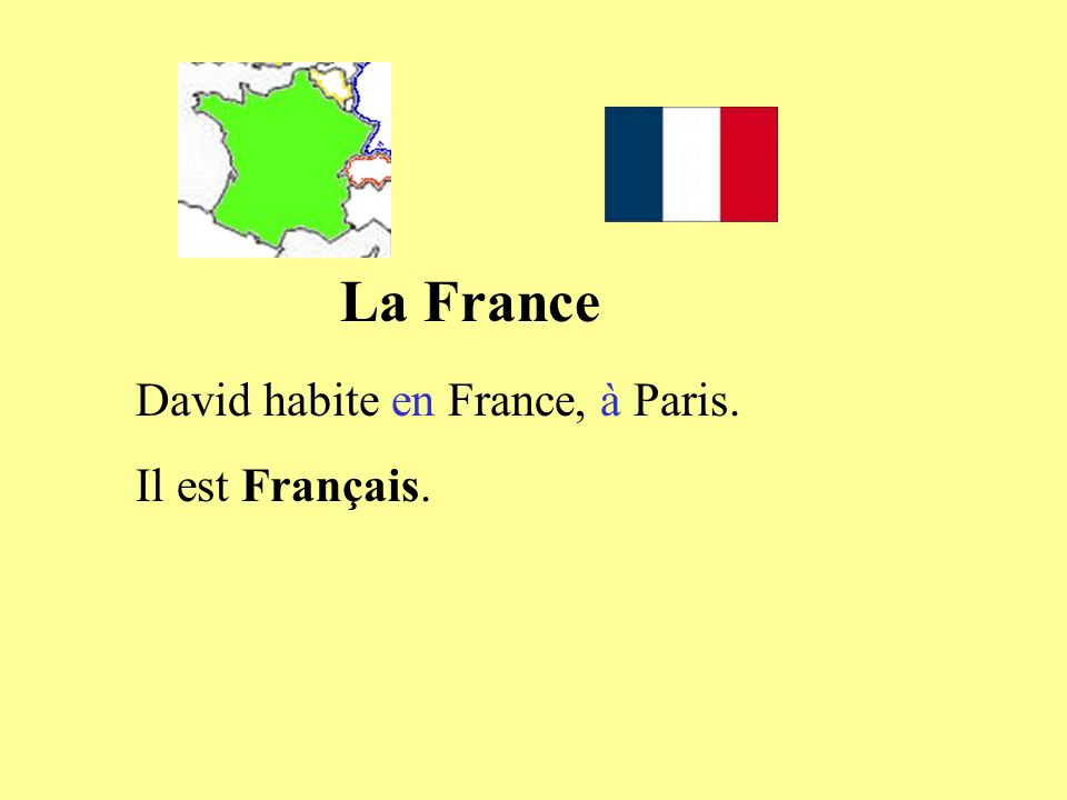 La France David habite en France, à Paris. Il est Français.
