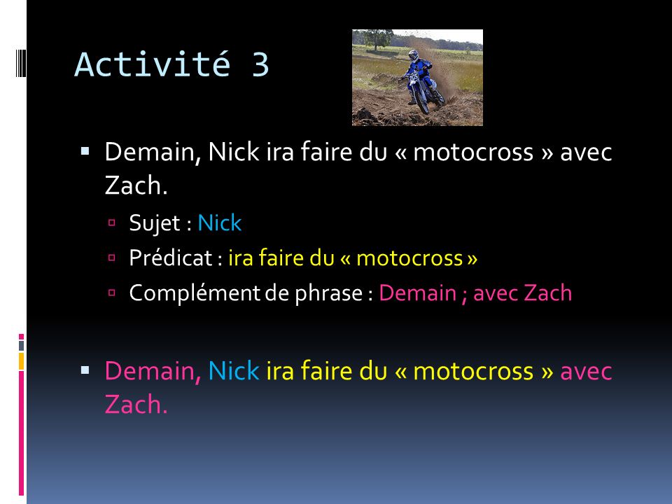 Activité 3 Demain, Nick ira faire du « motocross » avec Zach.