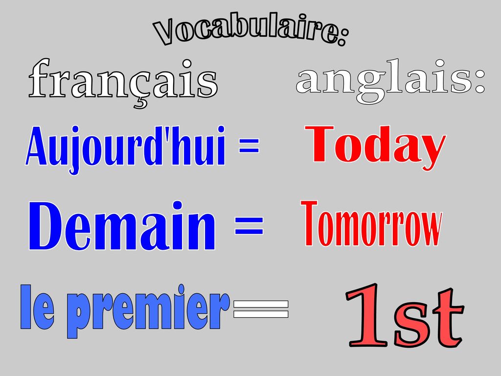 Vocabulaire: français anglais: Aujourd hui = Today Demain = Tomorrow le premier 1st =