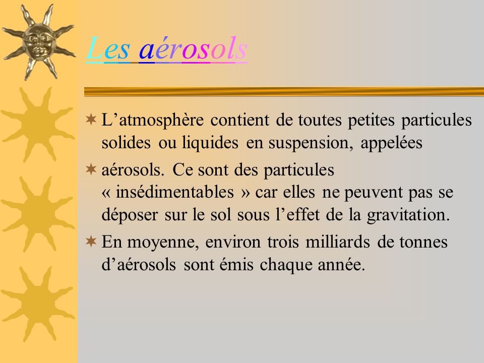 Les aérosols L’atmosphère contient de toutes petites particules solides ou liquides en suspension, appelées.