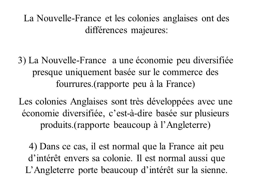 La Nouvelle-France et les colonies anglaises ont des différences majeures: