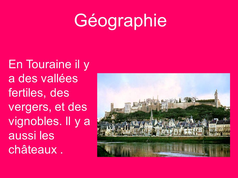 Géographie En Touraine il y a des vallées fertiles, des vergers, et des vignobles.