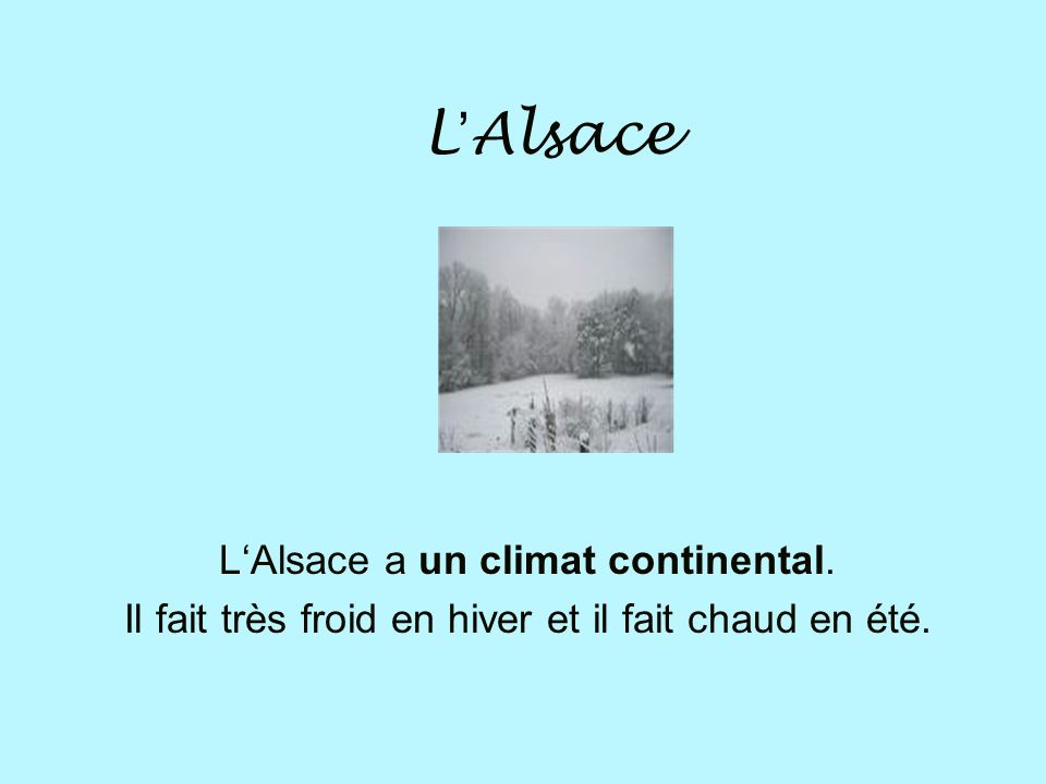 L’Alsace L‘Alsace a un climat continental.