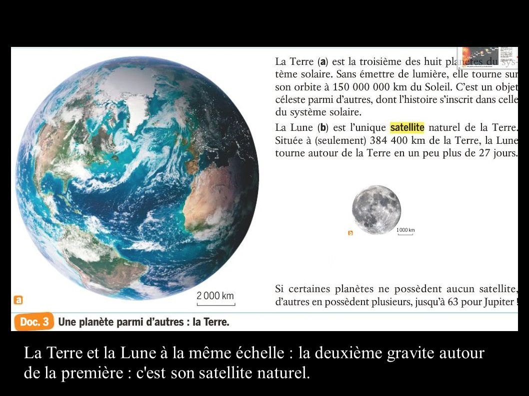 La Terre et la Lune à la même échelle : la deuxième gravite autour de la première : c est son satellite naturel.