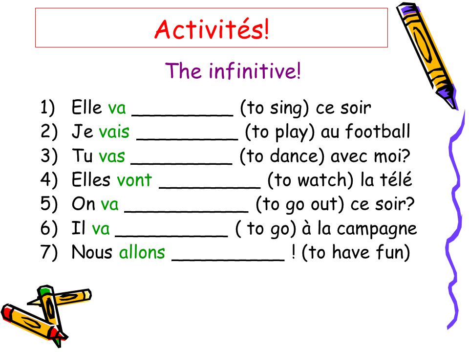 Activités! The infinitive! Elle va _________ (to sing) ce soir
