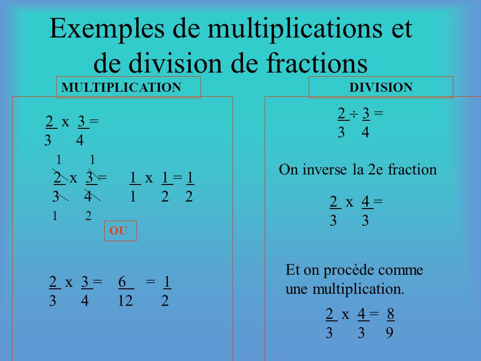 Exemples de multiplications et de division de fractions