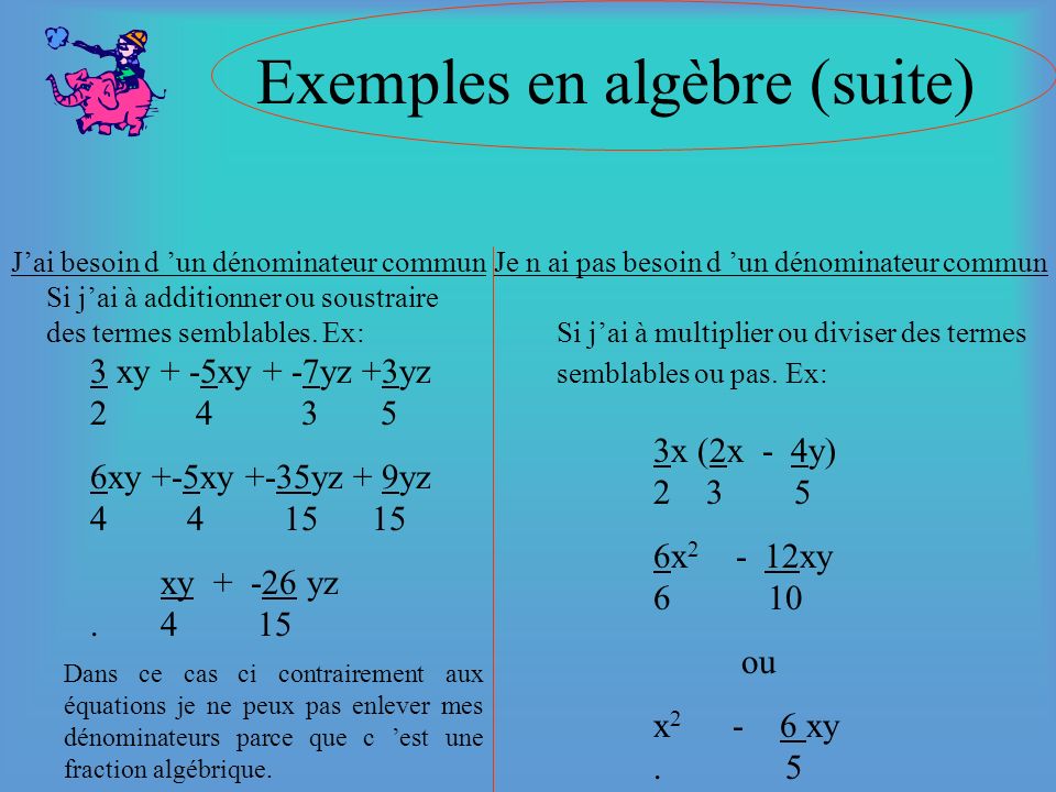 Exemples en algèbre (suite)