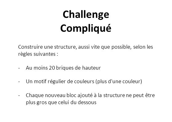 Challenge Compliqué. Construire une structure, aussi vite que possible, selon les règles suivantes :