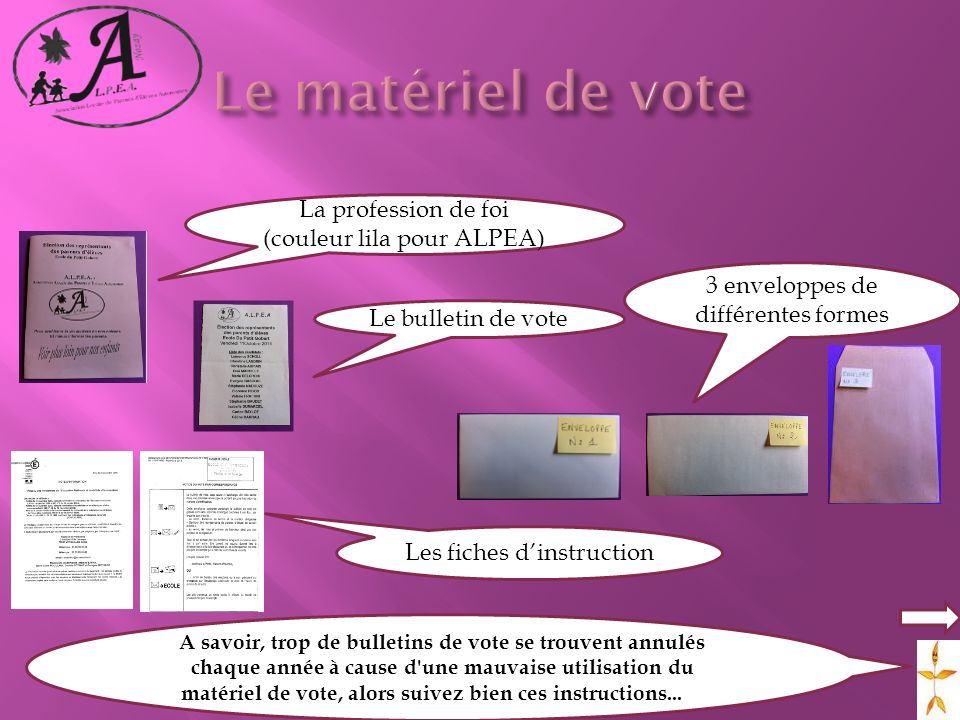 Le matériel de vote La profession de foi (couleur lila pour ALPEA)
