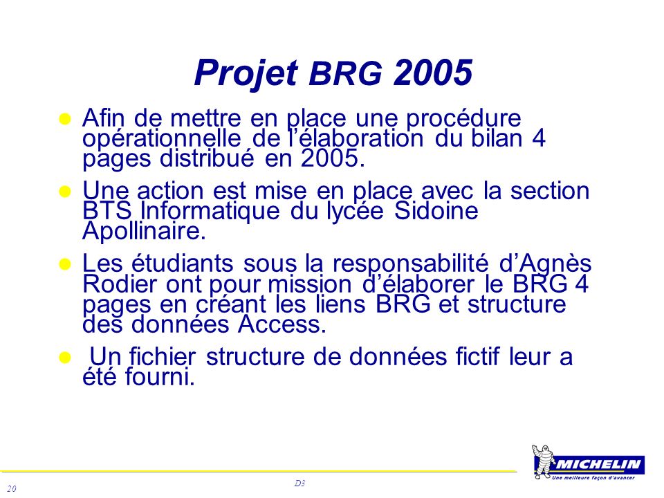 Projet BRG 2005 Afin de mettre en place une procédure opérationnelle de l’élaboration du bilan 4 pages distribué en