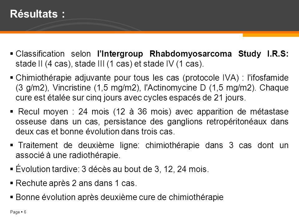 Résultats : Classification selon l’Intergroup Rhabdomyosarcoma Study I.R.S: stade II (4 cas), stade III (1 cas) et stade IV (1 cas).