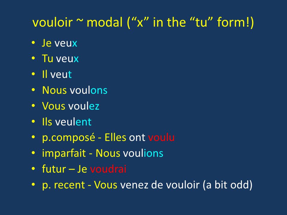 vouloir ~ modal ( x in the tu form!)