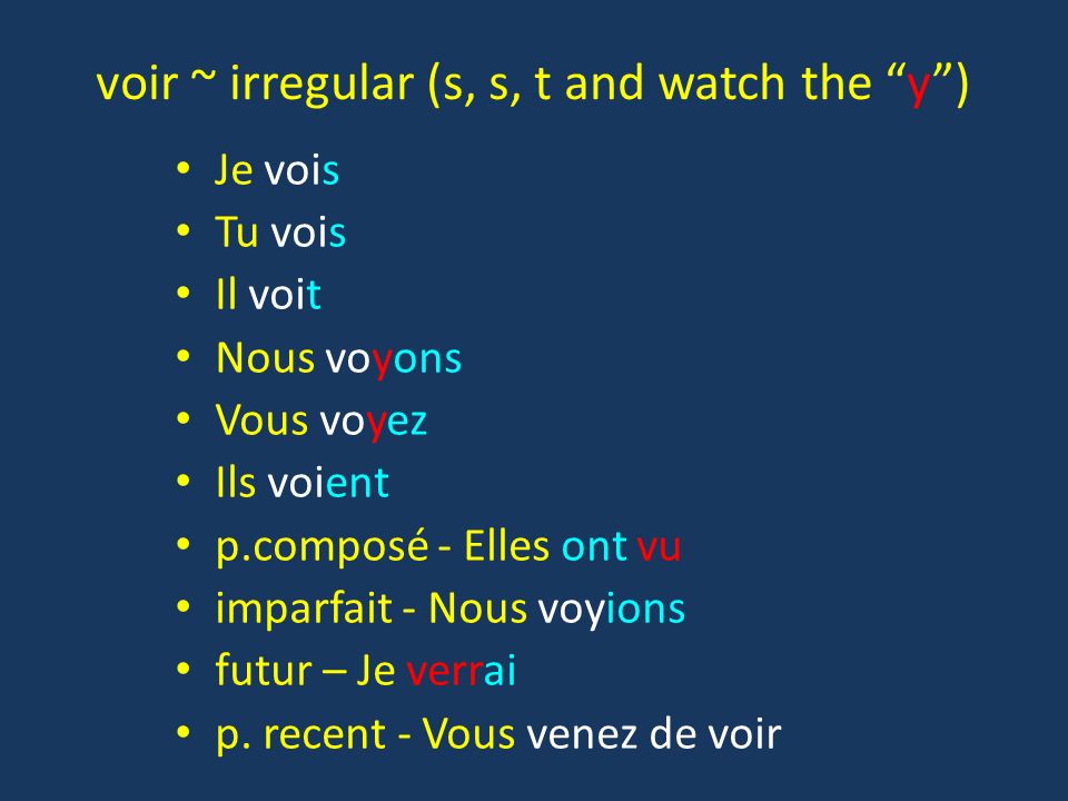 voir ~ irregular (s, s, t and watch the y )