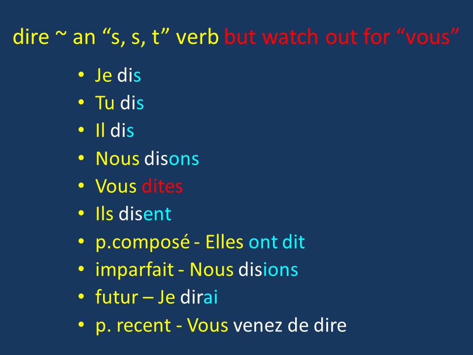dire ~ an s, s, t verb but watch out for vous