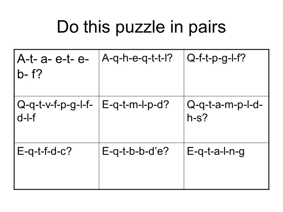 Do this puzzle in pairs A-t- a- e-t- e- b- f A-q-h-e-q-t-t-l