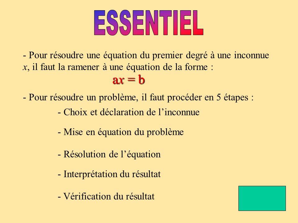 ESSENTIEL - Pour résoudre une équation du premier degré à une inconnue x, il faut la ramener à une équation de la forme :