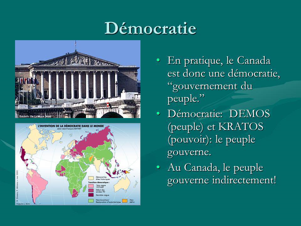 Démocratie En pratique, le Canada est donc une démocratie, gouvernement du peuple.