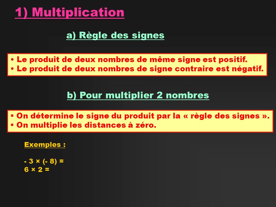1) Multiplication a) Règle des signes b) Pour multiplier 2 nombres
