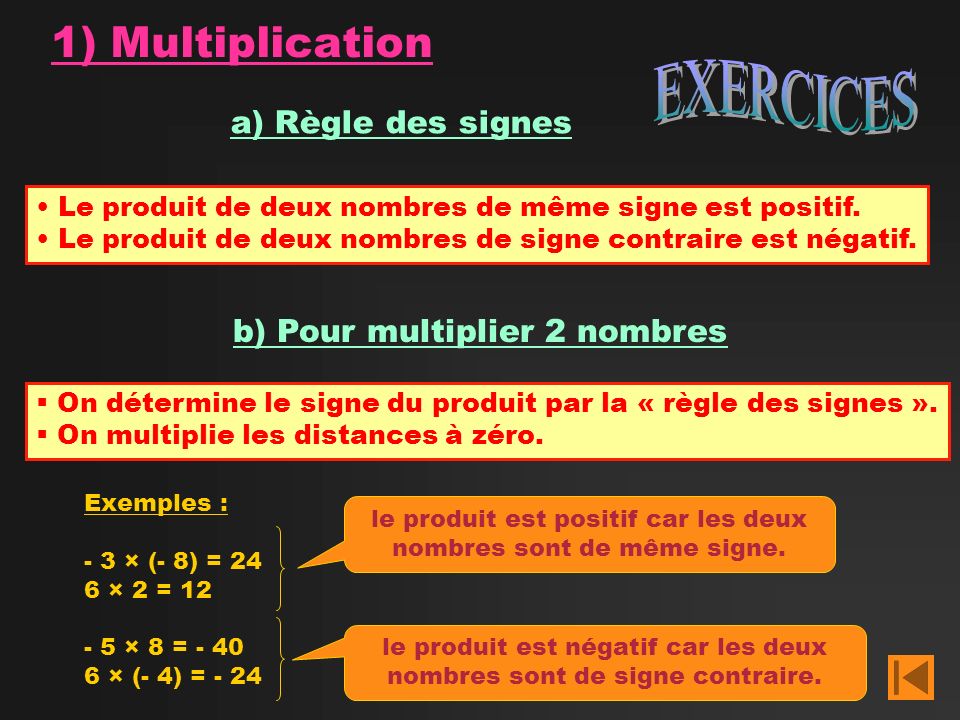EXERCICES 1) Multiplication a) Règle des signes