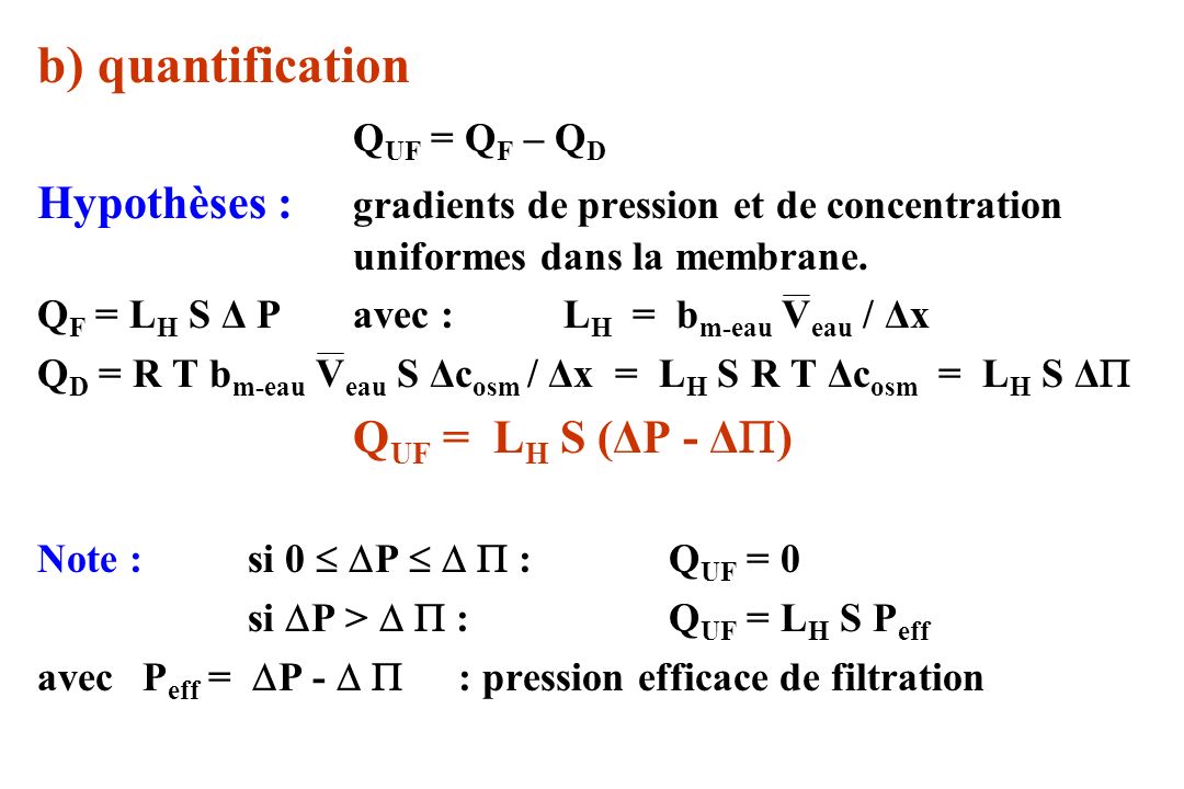 b) quantification QUF = QF – QD. Hypothèses : gradients de pression et de concentration uniformes dans la membrane.