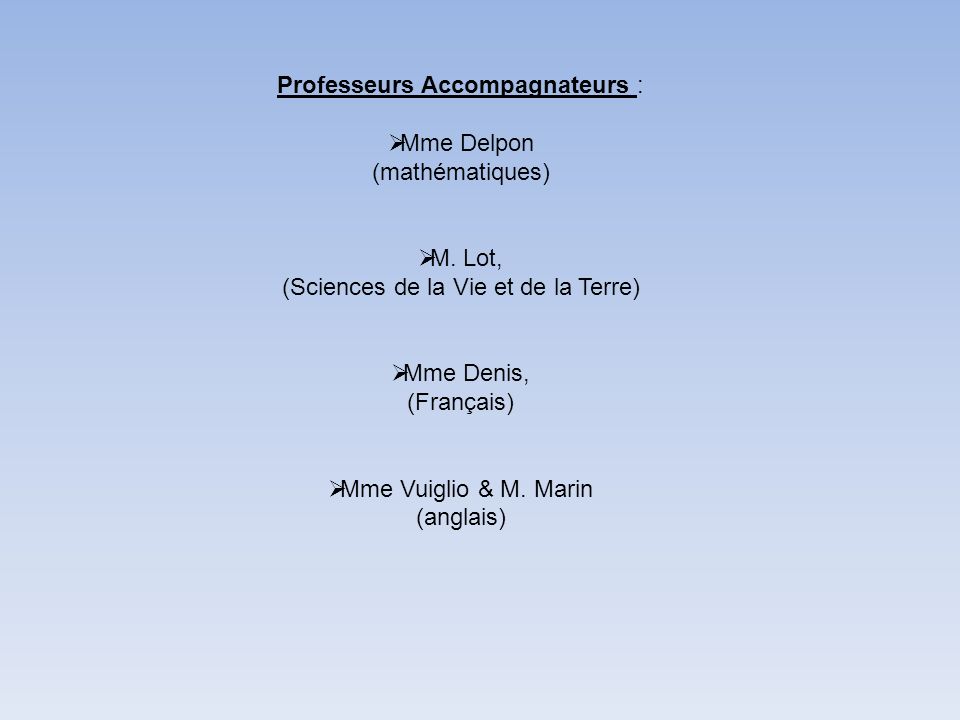 Professeurs Accompagnateurs : Mme Delpon (mathématiques)
