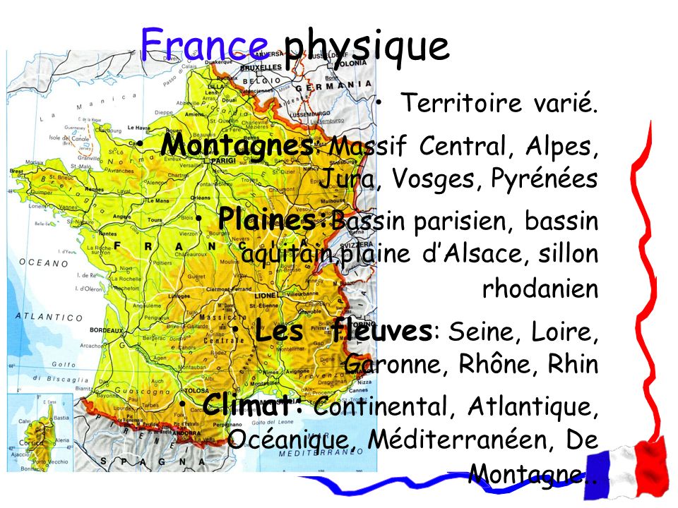 France physique Territoire varié. Montagnes: Massif Central, Alpes, Jura, Vosges, Pyrénées.