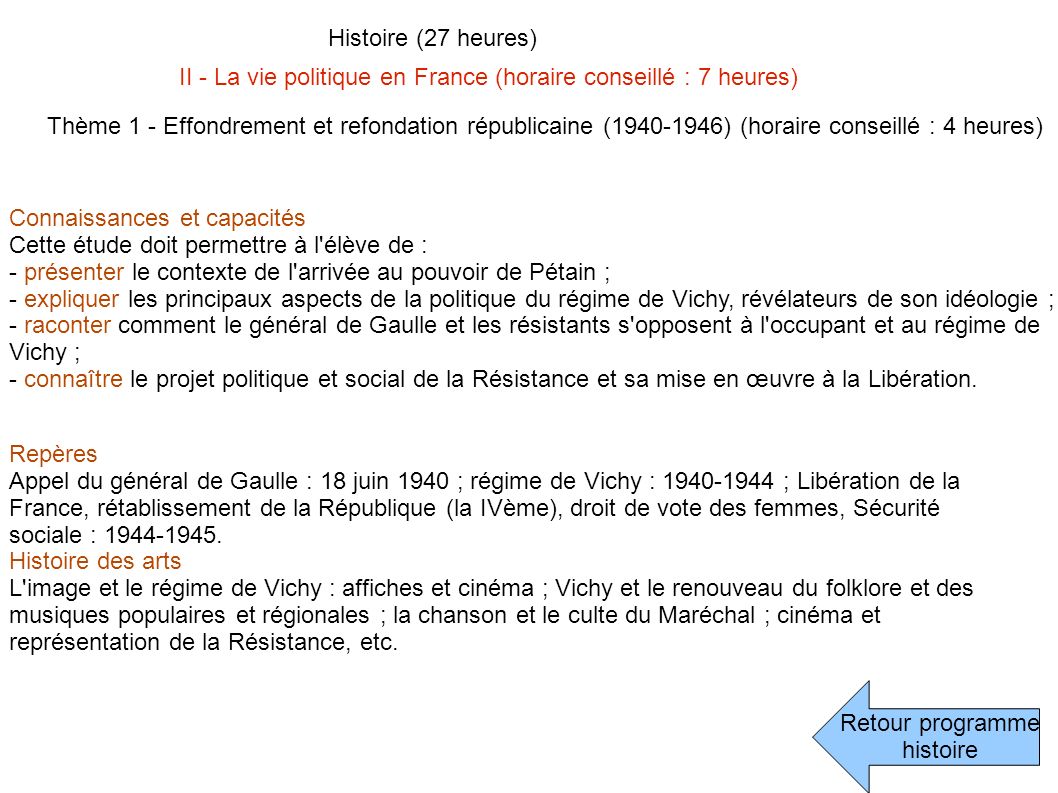 Histoire (27 heures) II - La vie politique en France (horaire conseillé : 7 heures)