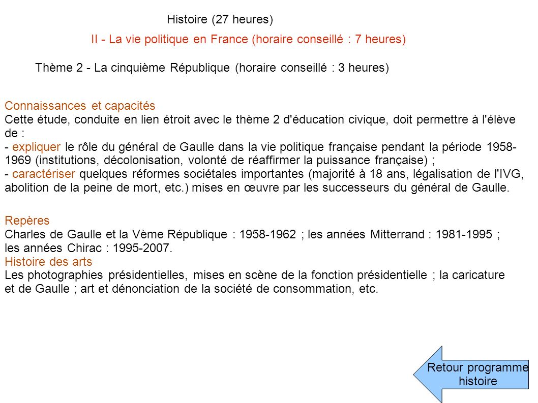 Histoire (27 heures) II - La vie politique en France (horaire conseillé : 7 heures) Thème 2 - La cinquième République (horaire conseillé : 3 heures)