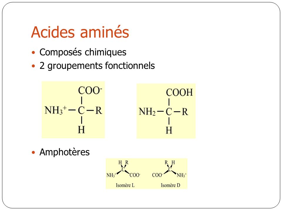 Acides aminés Composés chimiques 2 groupements fonctionnels Amphotères