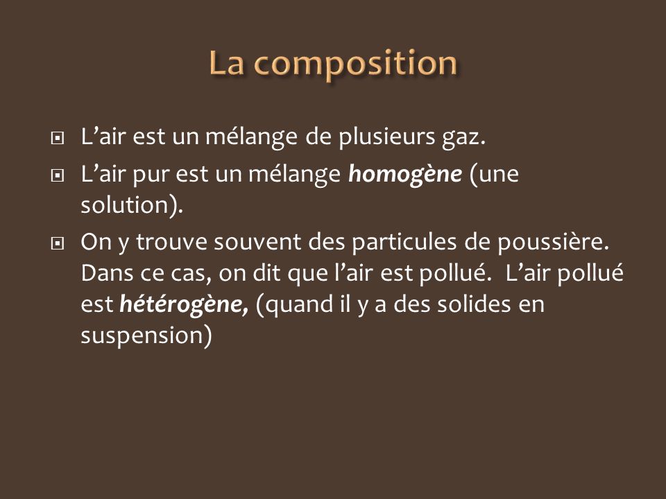 La composition L’air est un mélange de plusieurs gaz.
