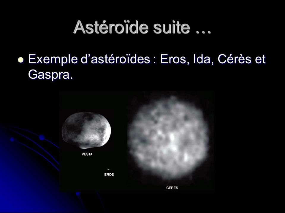 Astéroïde suite … Exemple d’astéroïdes : Eros, Ida, Cérès et Gaspra.