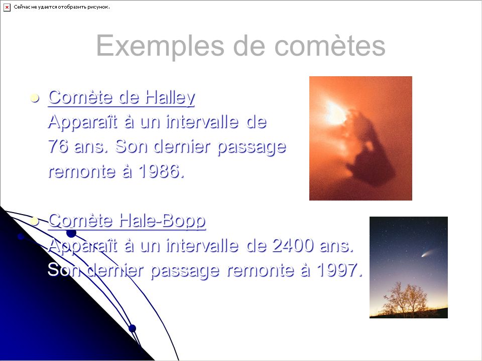 Exemples de comètes Comète de Halley Apparaît à un intervalle de