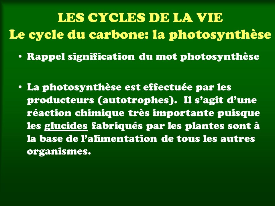 LES CYCLES DE LA VIE Le cycle du carbone: la photosynthèse