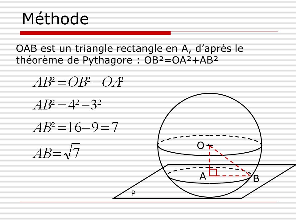 Méthode OAB est un triangle rectangle en A, d’après le théorème de Pythagore : OB²=OA²+AB² O A B P