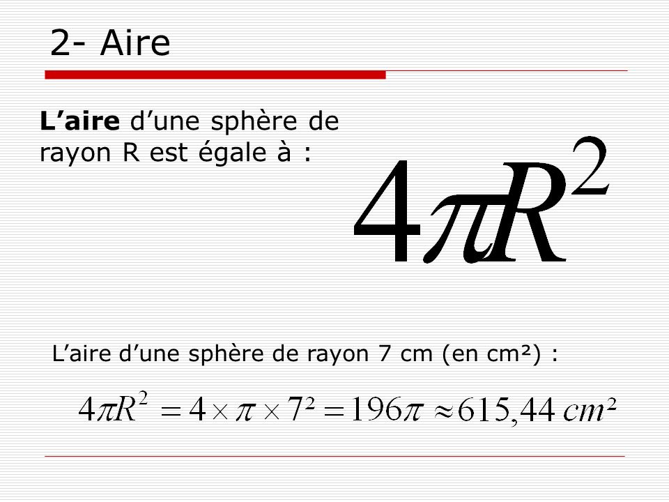 2- Aire L’aire d’une sphère de rayon R est égale à :
