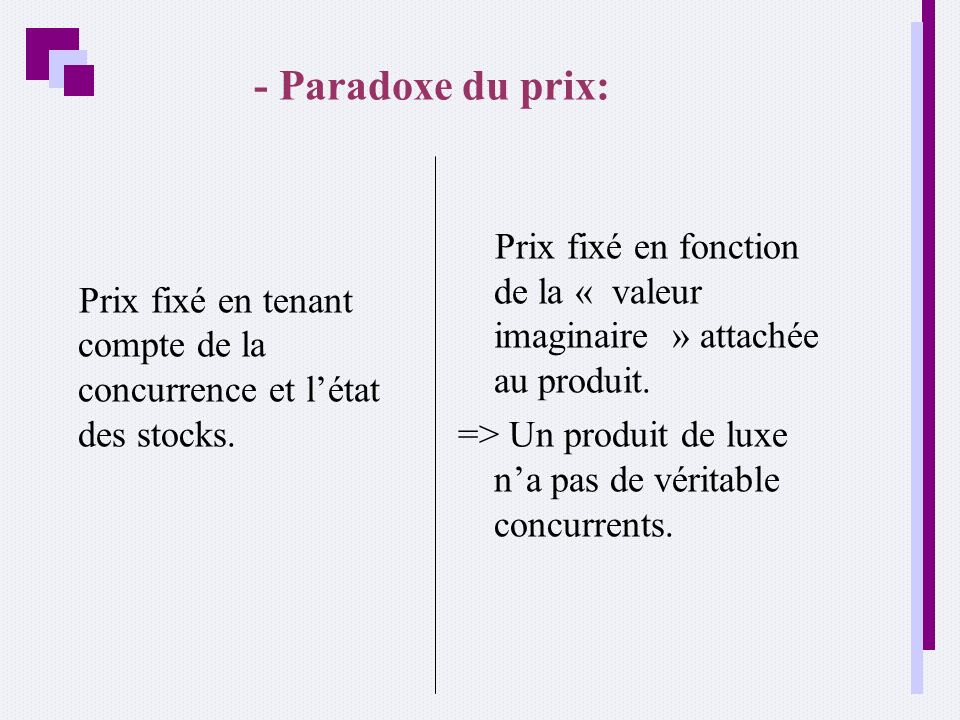 - Paradoxe du prix: Prix fixé en tenant compte de la concurrence et l’état des stocks.