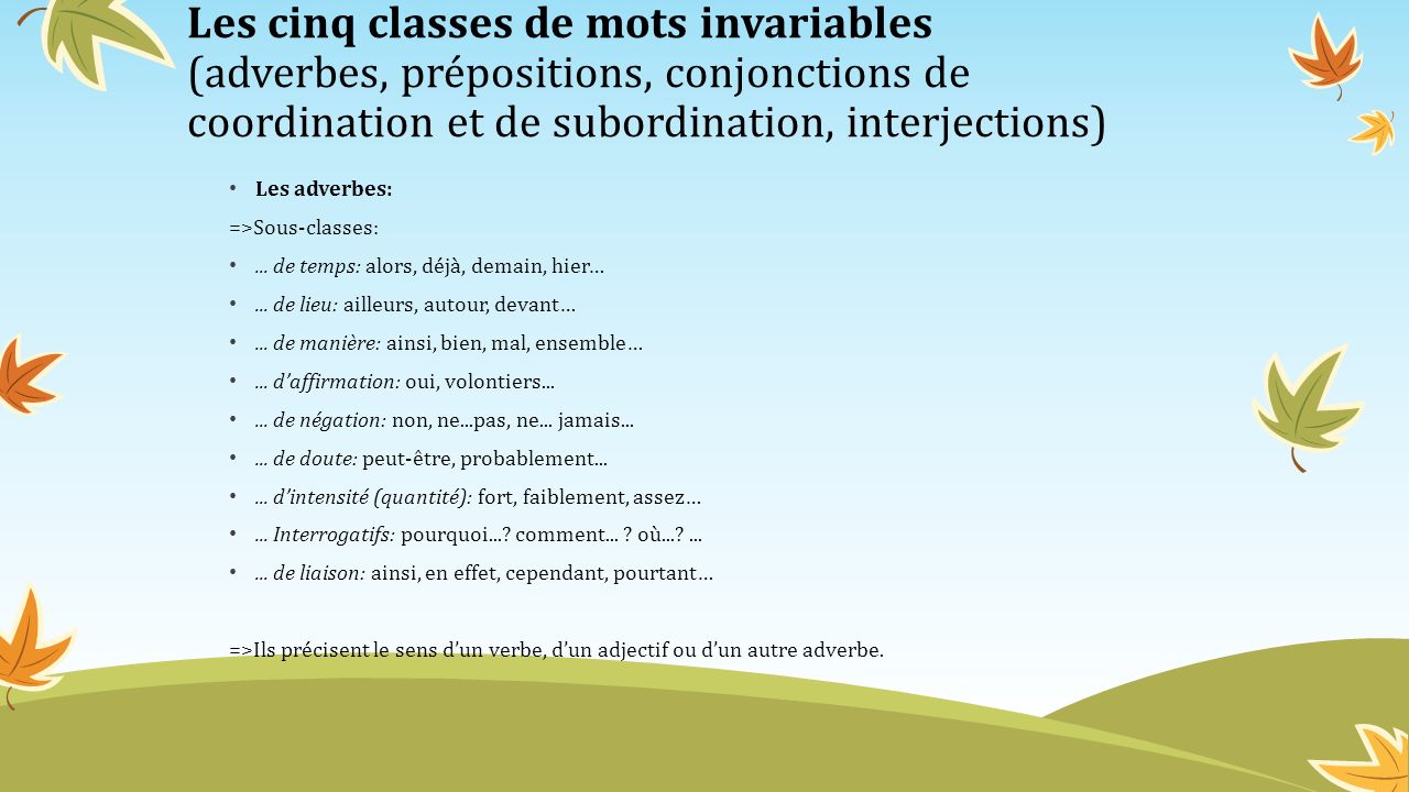 Les cinq classes de mots invariables (adverbes, prépositions, conjonctions de coordination et de subordination, interjections)