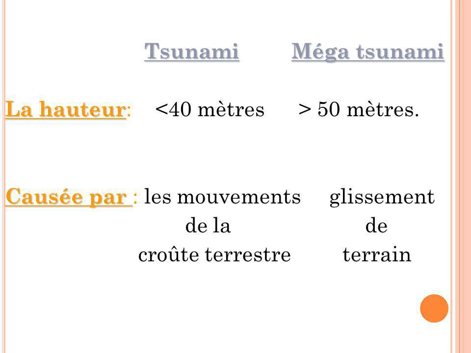 Tsunami Méga tsunami La hauteur: <40 mètres > 50 mètres. Causée par : les mouvements glissement.