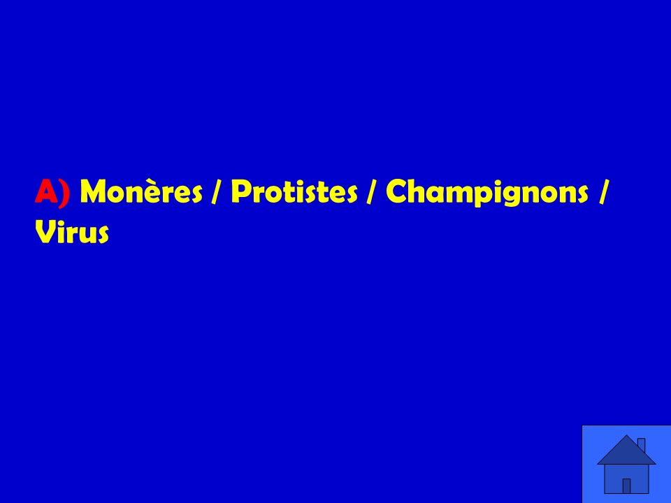 A) Monères / Protistes / Champignons / Virus