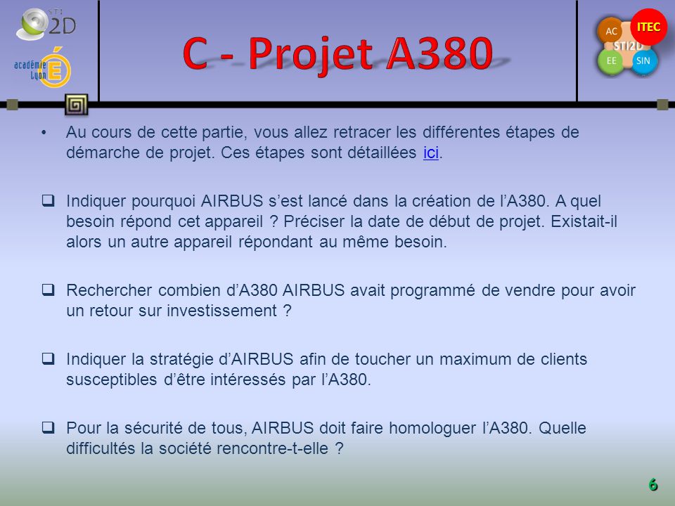 C - Projet A380 Au cours de cette partie, vous allez retracer les différentes étapes de démarche de projet. Ces étapes sont détaillées ici.