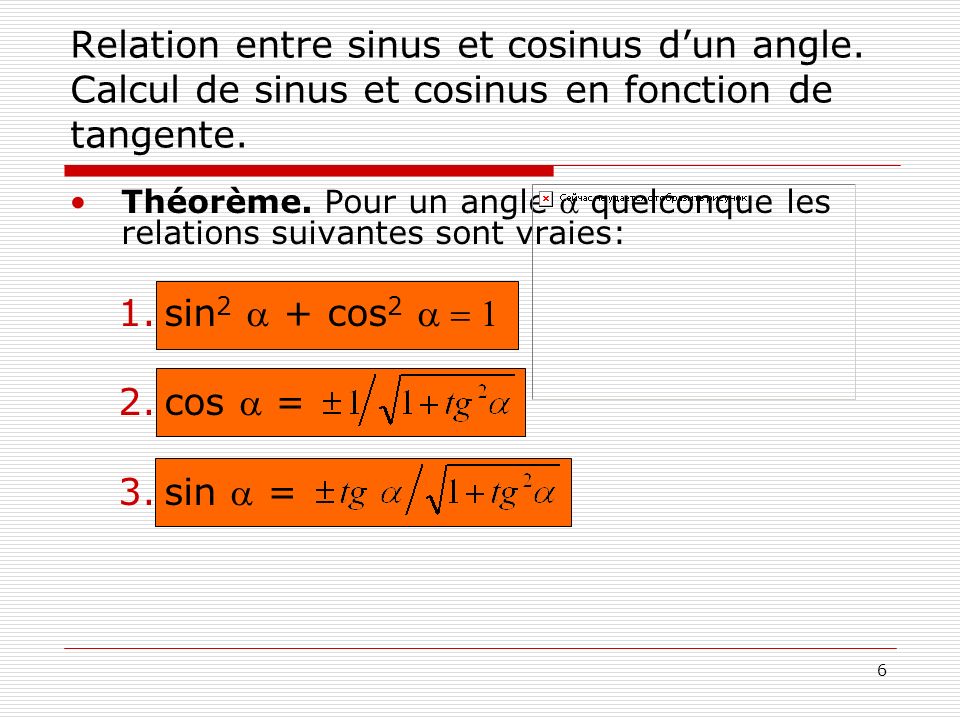 Relation entre sinus et cosinus d’un angle