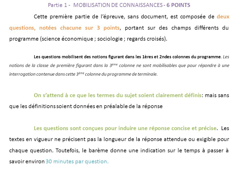 Partie 1 - MOBILISATION DE CONNAISSANCES - 6 POINTS