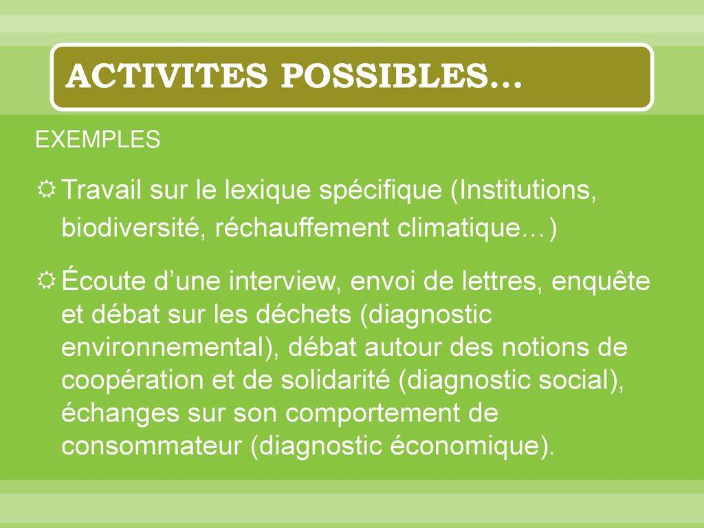ACTIVITES POSSIBLES… EXEMPLES. Travail sur le lexique spécifique (Institutions, biodiversité, réchauffement climatique…)