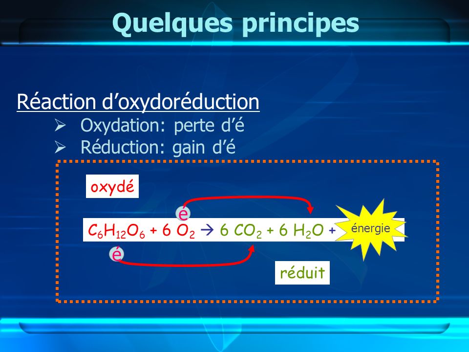 Quelques principes Réaction d’oxydoréduction Oxydation: perte d’é