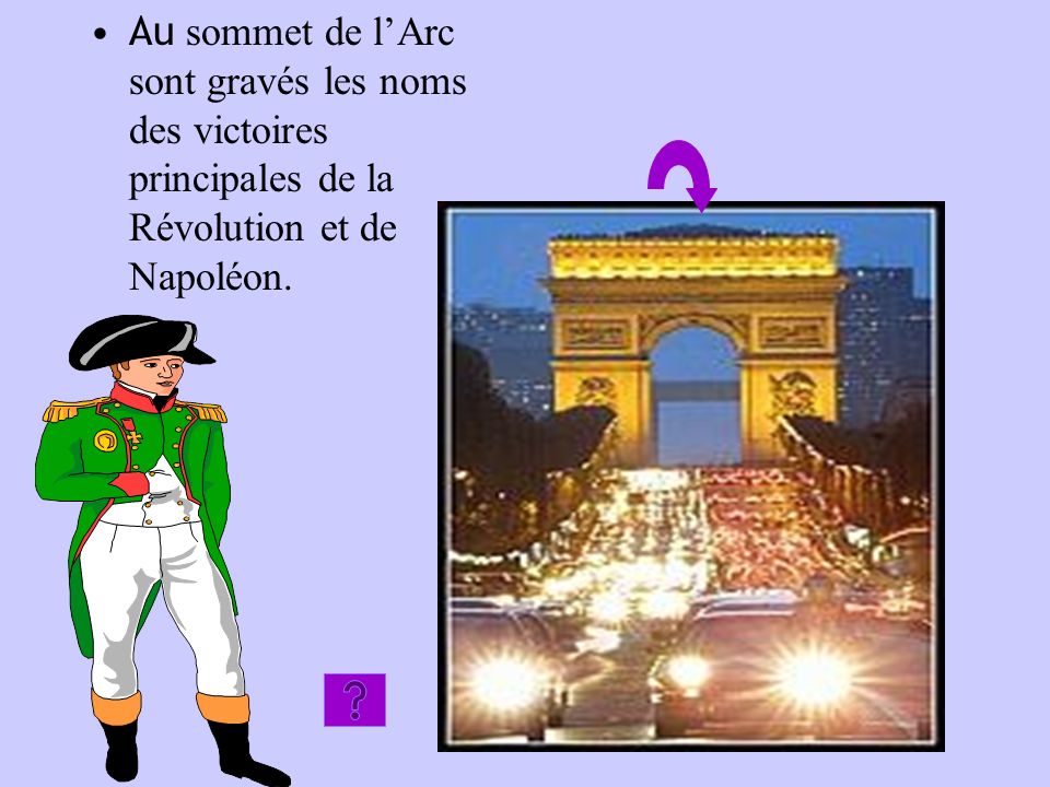 Au sommet de l’Arc sont gravés les noms des victoires principales de la Révolution et de Napoléon.