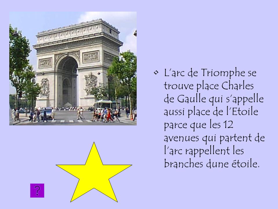 L’arc de Triomphe se trouve place Charles de Gaulle qui s’appelle aussi place de l’Etoile parce que les 12 avenues qui partent de l’arc rappellent les branches dune étoile.