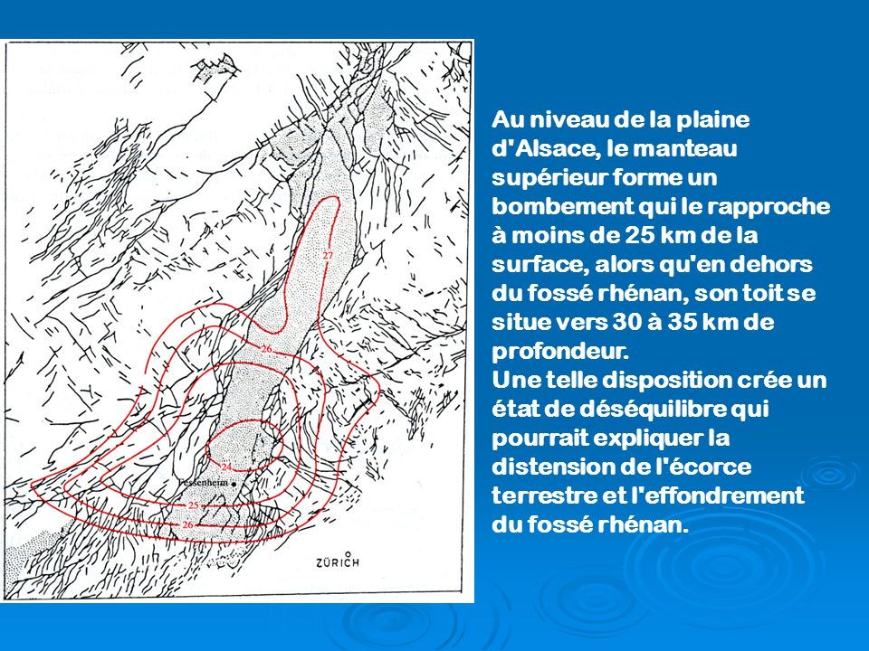 Au niveau de la plaine d Alsace, le manteau supérieur forme un bombement qui le rapproche à moins de 25 km de la surface, alors qu en dehors du fossé rhénan, son toit se situe vers 30 à 35 km de profondeur.