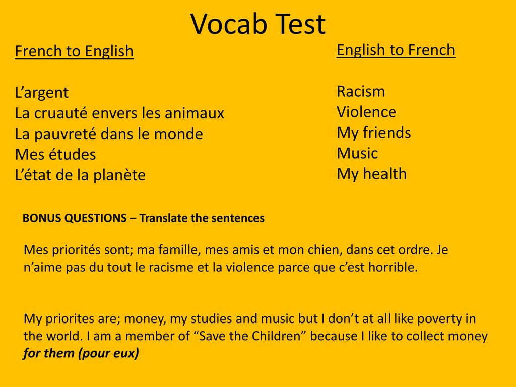 Vocab Test French to English English to French L’argent Racism