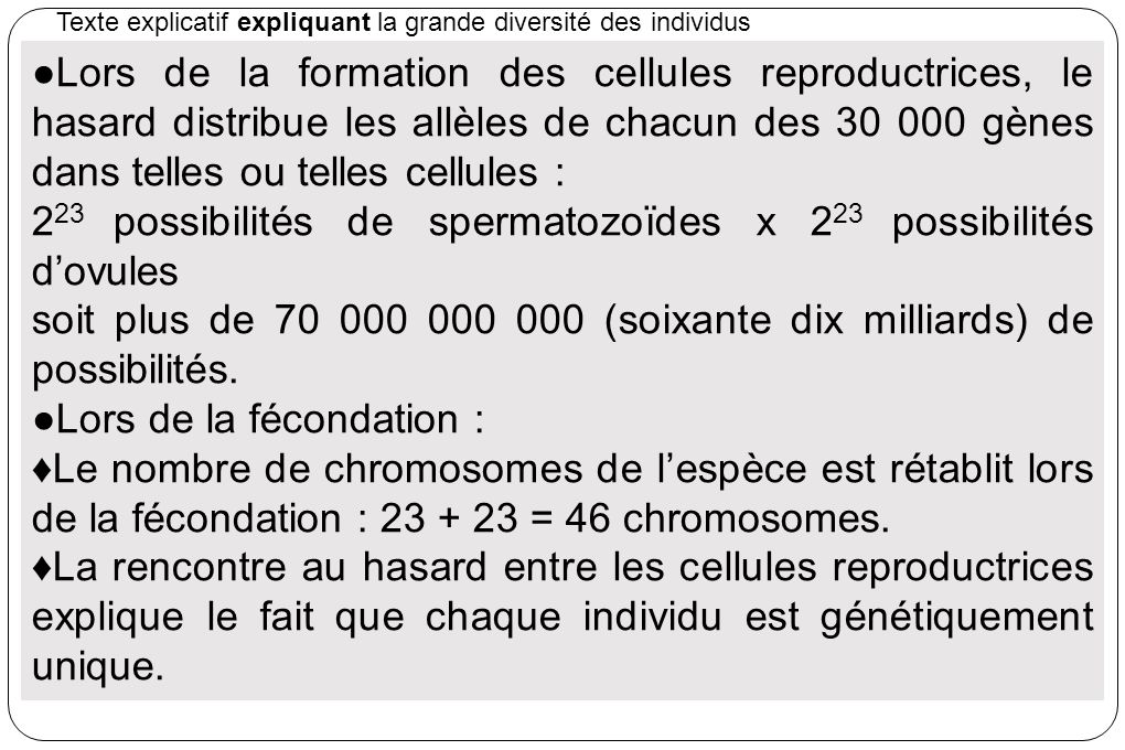 223 possibilités de spermatozoïdes x 223 possibilités d’ovules