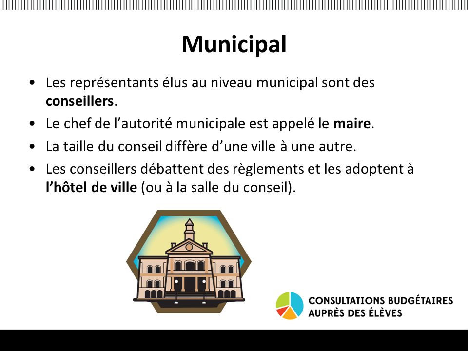 Municipal Les représentants élus au niveau municipal sont des conseillers. Le chef de l’autorité municipale est appelé le maire.